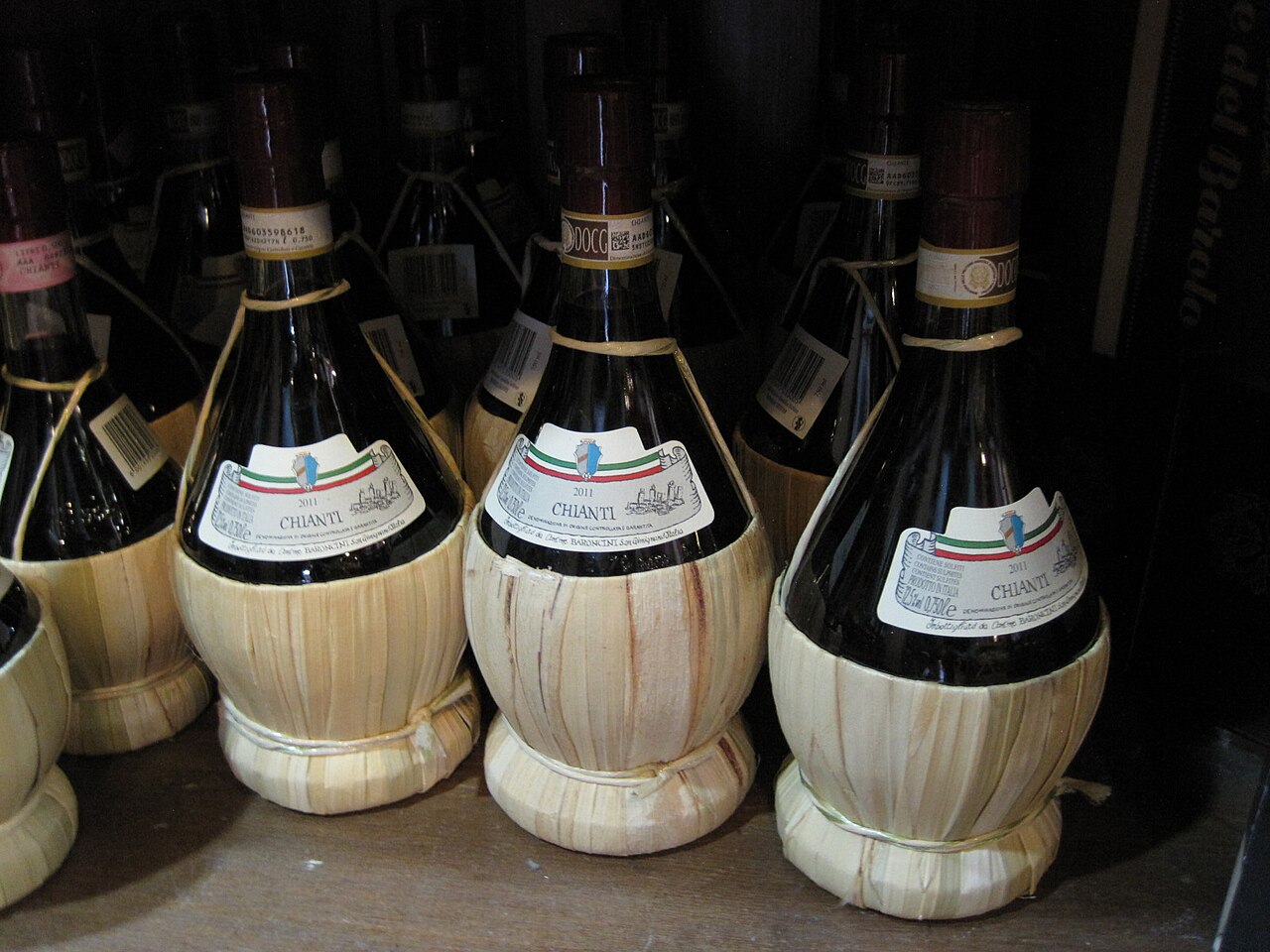 下半分を藁で包んだ丸い瓶が棚に並んでいる。ラベルに CHIANTI の文字
