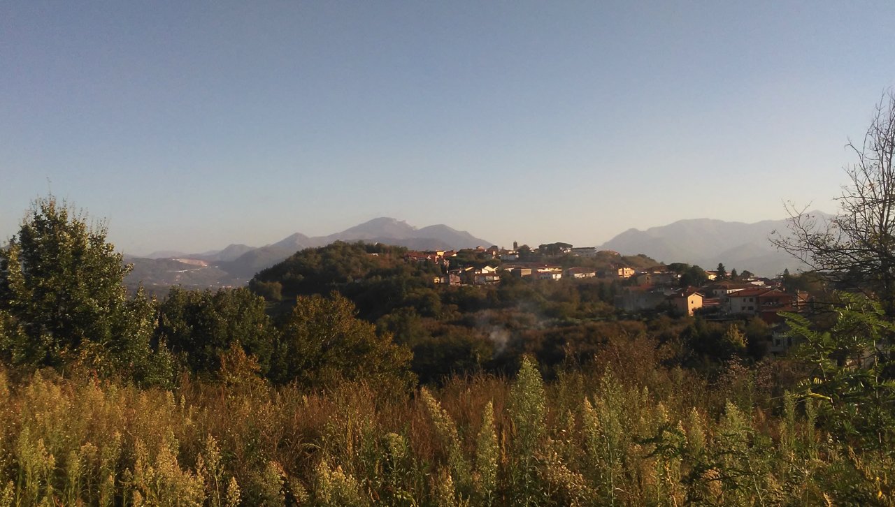 草地と木々の向こうに、丘の上の集落と、その奥に連なる山が見える夕方の景色