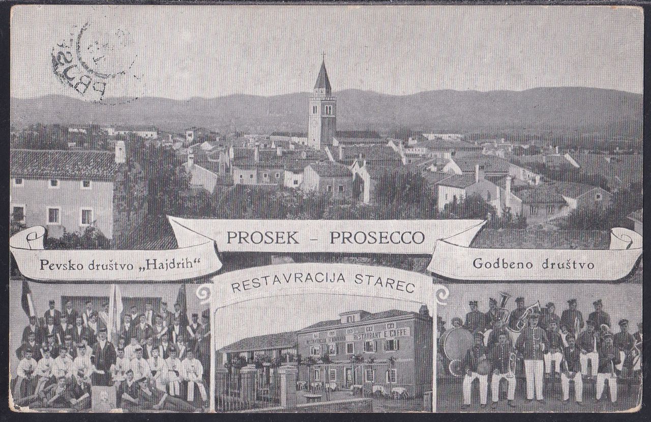 1913年の絵はがき。上に町の遠景、中央に「PROSEK - PROSECCO」の文字、下に合唱団と楽団の集合写真と食堂の建物が並ぶ